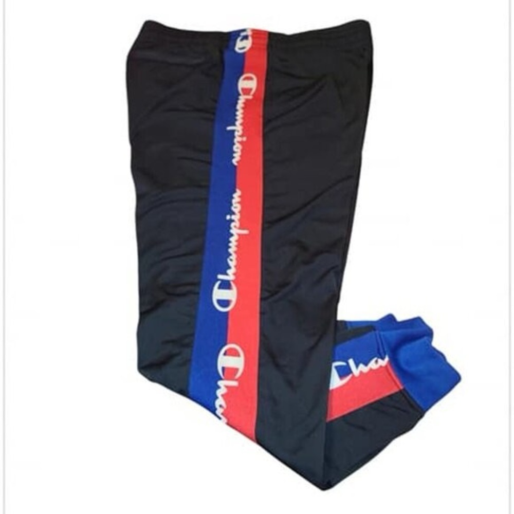 Champion Black Track pants with red white blue side strips drawstring elastic